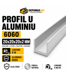 Profil U aluminiu 20 x 20 x 20 x 2 mm, 6 metri